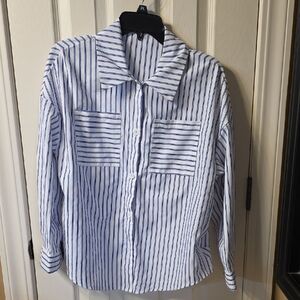 SHEIN Women's White and Blue Striped Blouse